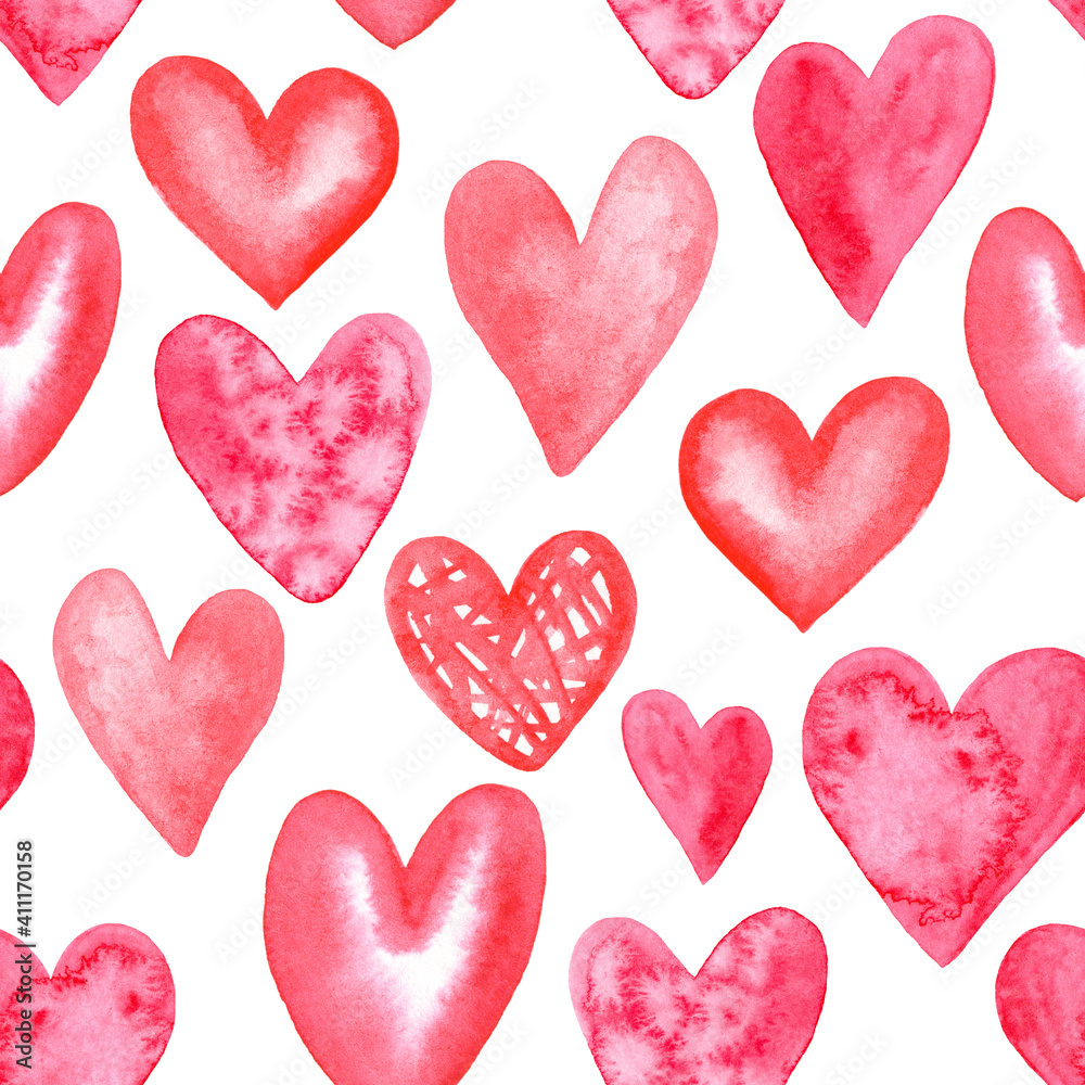 watercolor red hearts seamless pattern on white background. Valentines day print