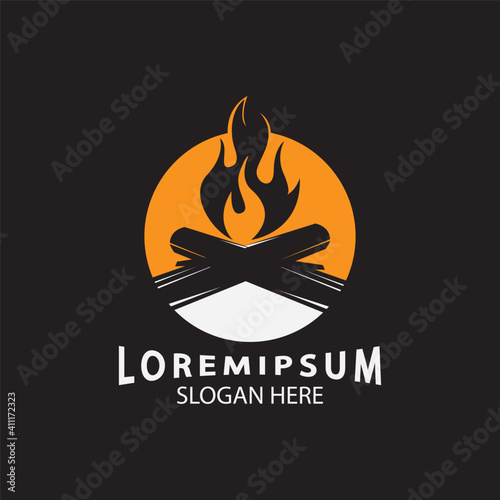vintage Hipster bonfire Campfire logo badge label vector illustration on black background. Crossed logs of wood and fire flame Classic badge