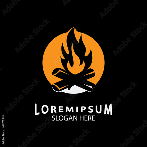 vintage Hipster bonfire Campfire logo badge label vector illustration on black background. Crossed logs of wood and fire flame Classic badge