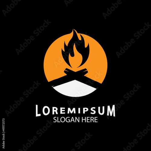 vintage Hipster bonfire Campfire logo badge label vector illustration on black background. Crossed logs of wood and fire flame Classic badge