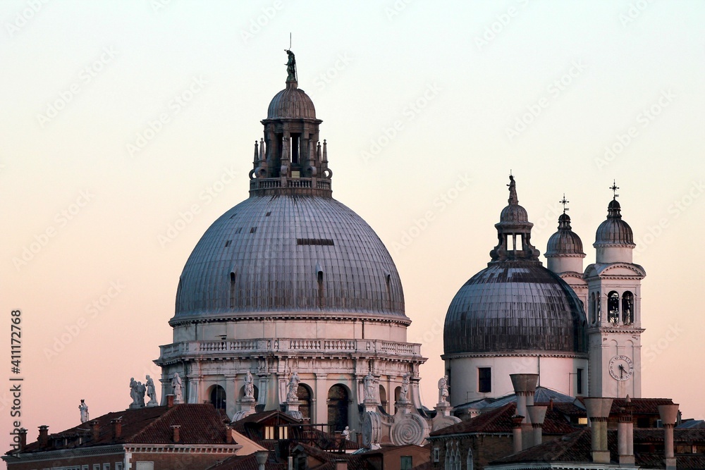 Venice, Italy - winter 2020: close up view on Basilica della Salute dome during sunset 