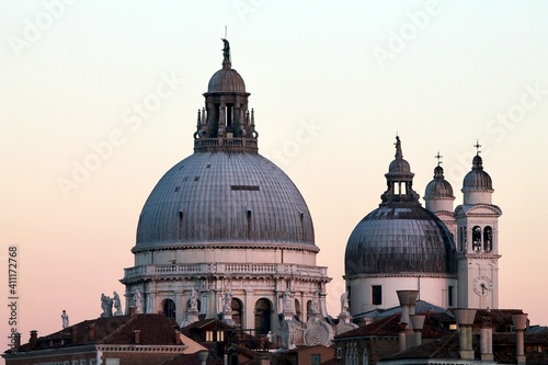 Venice, Italy - winter 2020: close up view on Basilica della Salute dome during sunset 