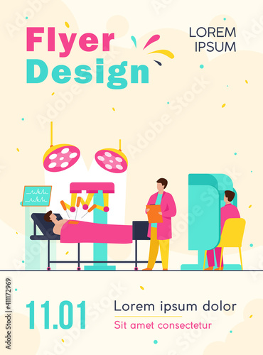 Robot operating on patient. Surgeons monitoring robotic arms work in operating room. Vector illustration for modern technology in surgery, surgical equipment concept