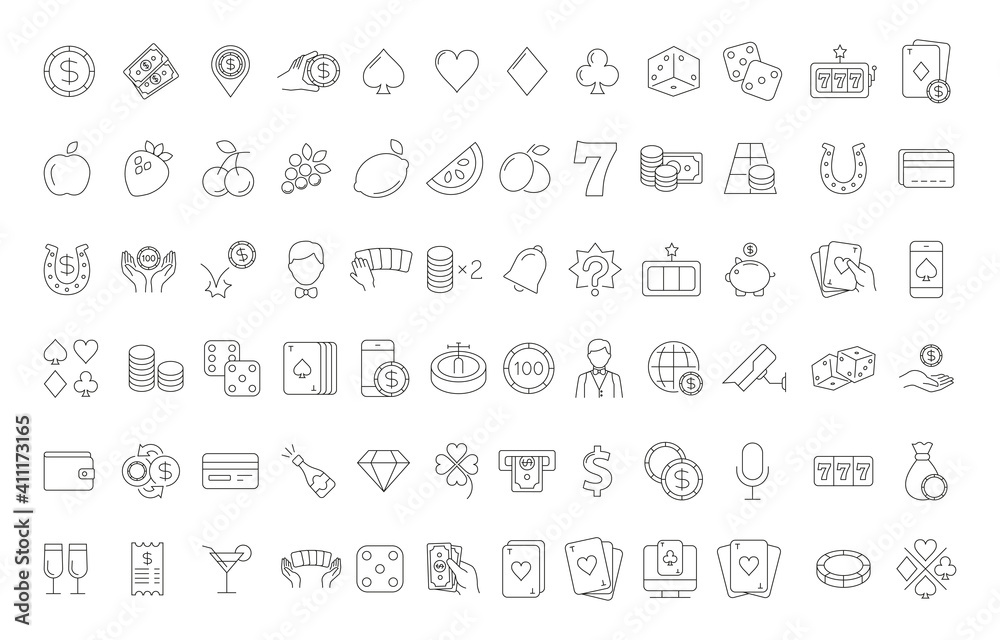Casino and gamble set. Collection of vector line icons with elements for mobile concept and web app. Icons of slot machine, roulette, playing cards, dice, poker and more. Design with editable stroke. Casino and gamble set. Collection of vector line icons with elements for mobile concept and web app. Icons of slot machine, roulette, playing cards, dice, poker and more. Design with editable stroke.