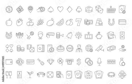 Casino and gamble set. Collection of vector line icons with elements for mobile concept and web app. Icons of slot machine, roulette, playing cards, dice, poker and more. Design with editable stroke.