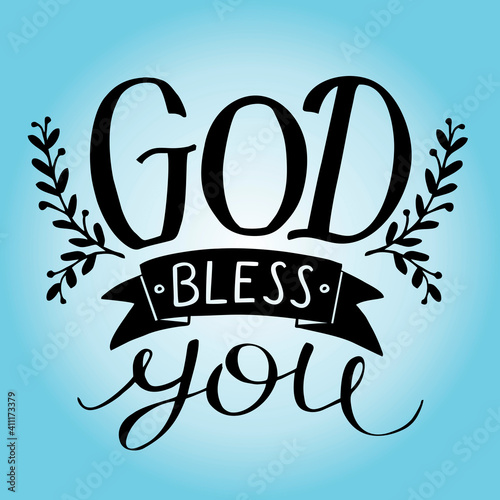 Hand lettering quote God bless you on blue background