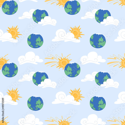 Vector seamless pattern with sun, cloud, Earth planet