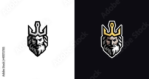 Poseidon neptune zeus god logo icon, triton trident crown vector template