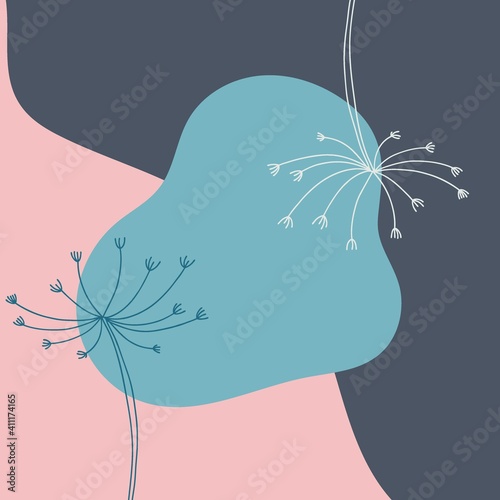 Herb minimal background. Hand drawn line wild flower and abstract blob shapes, herbal and meadow plant, modern floral template for social media posts, vector botanical illustration pink, blue colors