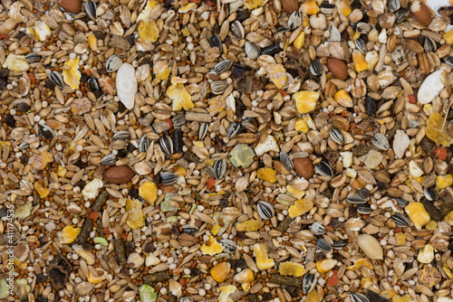 A mixture of cereals for feeding pets. Close-up, top view