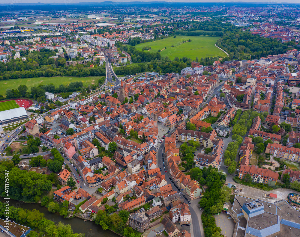 Aerial view of the city Fürth in Germany, Bavaria on a sunny spring day