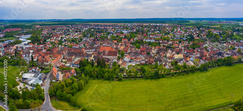 Aerial view of the city Langenzenn in Germany, Bavaria on a sunny spring day 