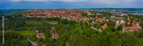 Aerial view of the city Rothenburg ob der Tauber in Germany, Bavaria on a sunny spring day afternoon.