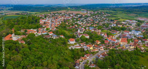 Aerial view of the city Schillingsfürst in Germany, Bavaria on a sunny spring day.