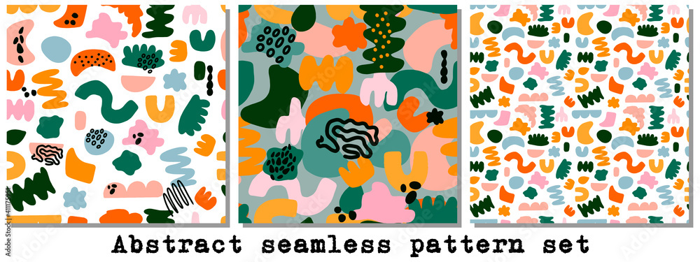 Set of 3 abstract seamless patterns with different hand drawn shapes Set of 3 abstract seamless patterns with different hand drawn shapes