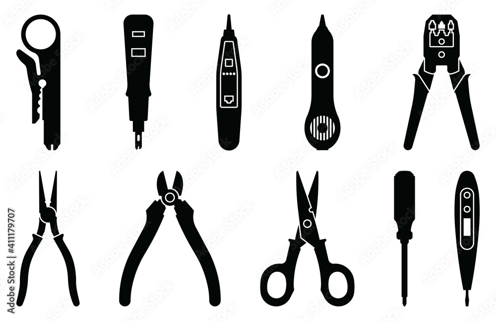 Electricity tools. Network toolss. Silhouette icons Electricity tools. Network toolss. Silhouette icons