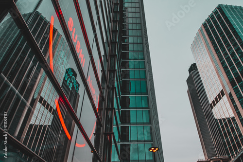 Photography London UK January 2021 Red glowing neon sign for Sushi Samba restaurant, adverti