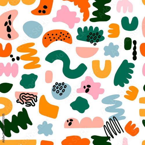 Abstract bright seamless hand drawn pattern with different shapes