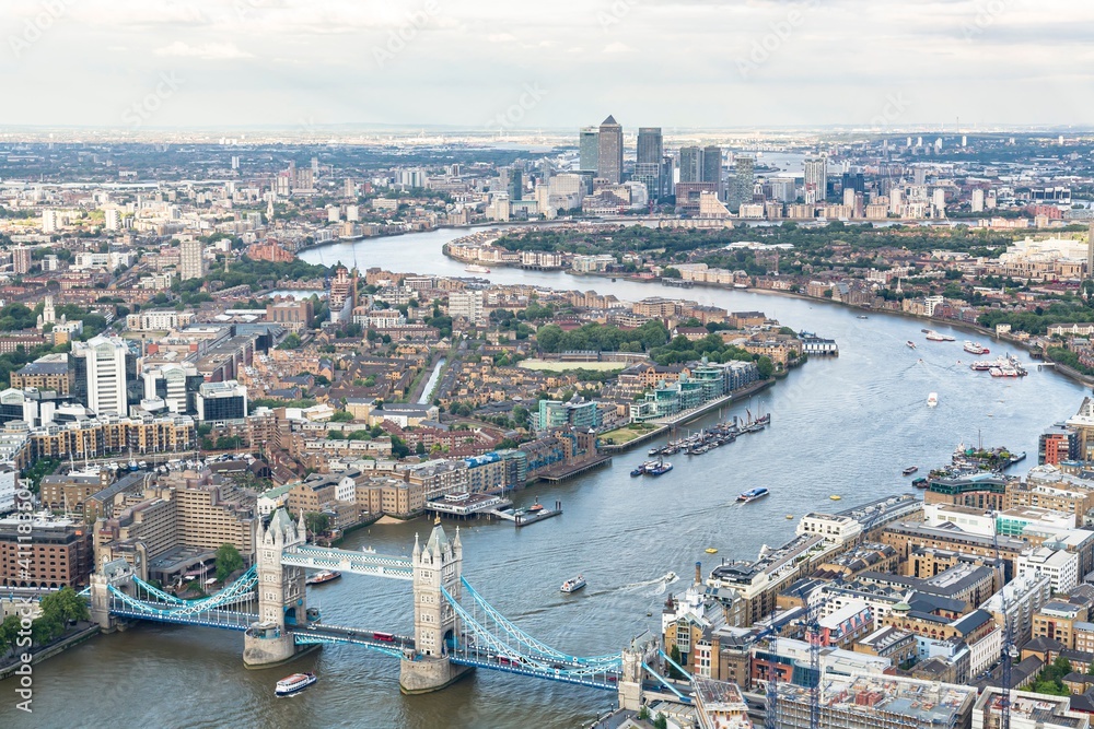 London cityscape, Tower Bridge and Docklands area, London, UK