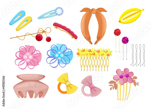 Stylish hair accessories flat illustration set. Cartoon different head bands, plastic clips and hoops with flowers isolated vector illustration collection. Fashion and hairstyle concept