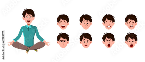 Businessman cartoon character doing yoga or relax meditation. Businessman character with different type of facial expression