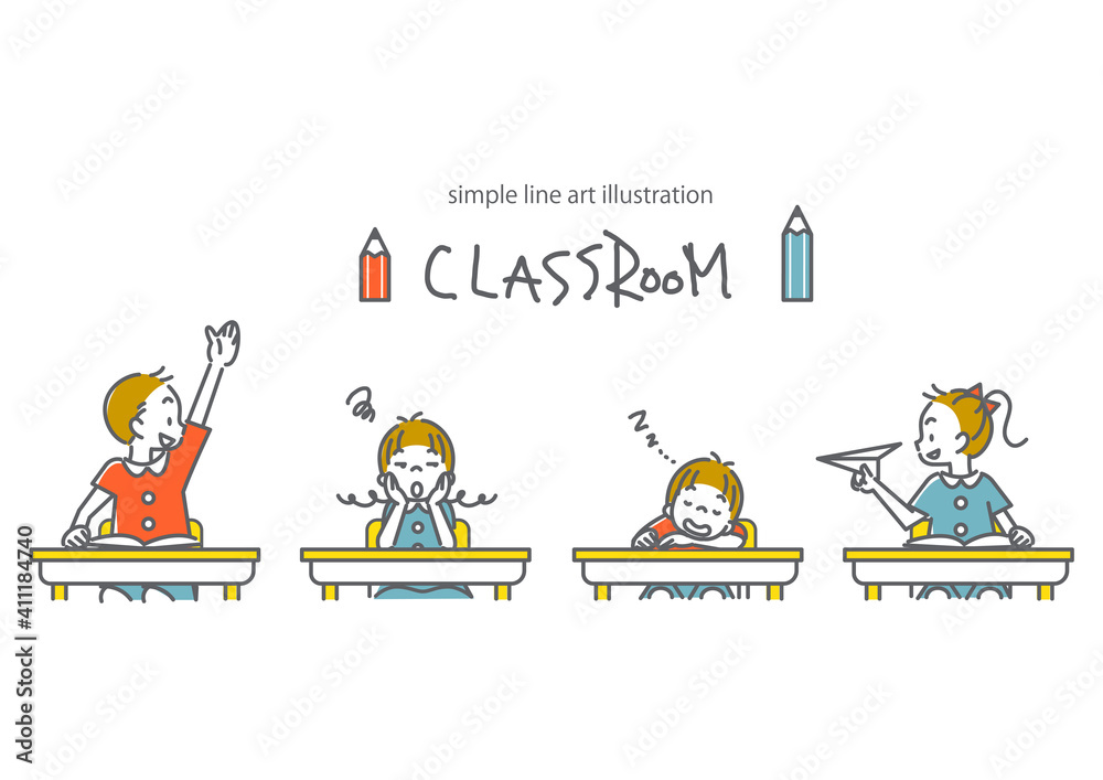 授業中好き勝手に過ごす子供たちのシンプルでかわいい線画イラスト Stock Illustration Adobe Stock