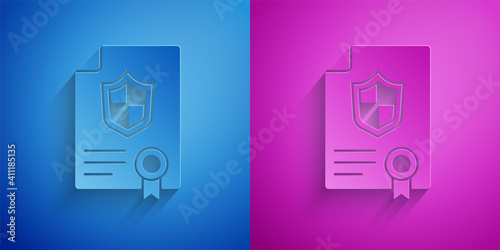 Paper cut Contract with shield icon isolated on blue and purple background. Insurance concept. Security, safety, protection, protect concept. Paper art style. Vector.