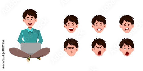 Businessman cartoon character sitting on the floor and working or relaxing with laptop