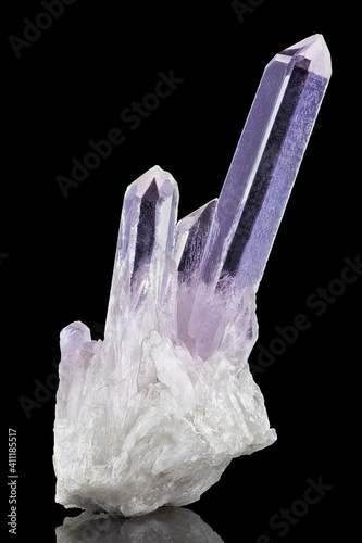 Crystal Stone macro mineral specimen, purple rough amethyst quartz crystals on black background