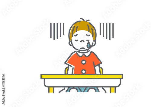 学校でひとりで思い悩む男の子のシンプルでかわいい線画イラスト