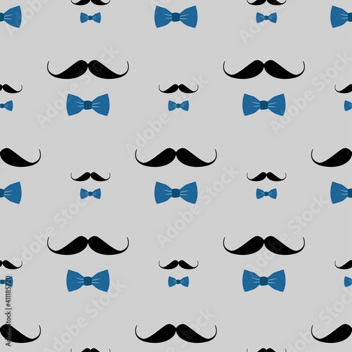 Seamless men pattern of black moustache and blue bowtie on gray. Repeating masculine background for print, cover, wrapping, wallpaper, fashion, textile, backdrop, surface, card, babershop design.