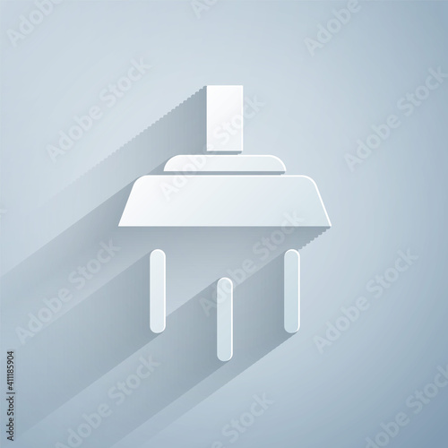 Paper cut Shower head with water drops flowing icon isolated on grey background. Paper art style. Vector.