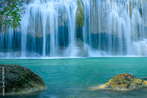 Beautiful deep forest waterfall at Kanchanaburi province, Thailand.