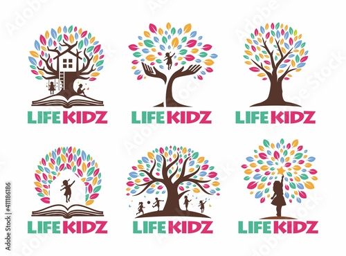 Set of Tree Kids Logo playful template