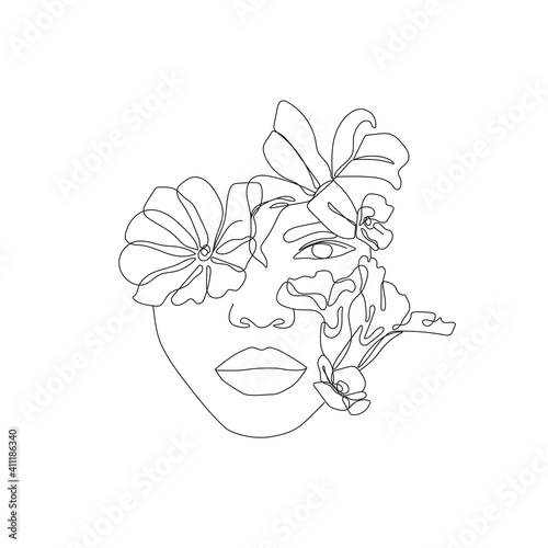Woman Head with Flowers Line Vector Drawing. Style Template with Female Face with Flowers. Modern Minimalist Simple Linear Style. Beauty Fashion Design