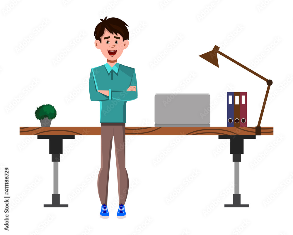 Businessman cartoon character stands near his table or workplace Businessman cartoon character stands near his table or workplace
