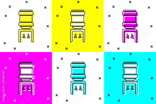 Set Water cooler for office and home icon isolated on color background. Water dispenser. Bottle office, plastic and liquid. Vector.