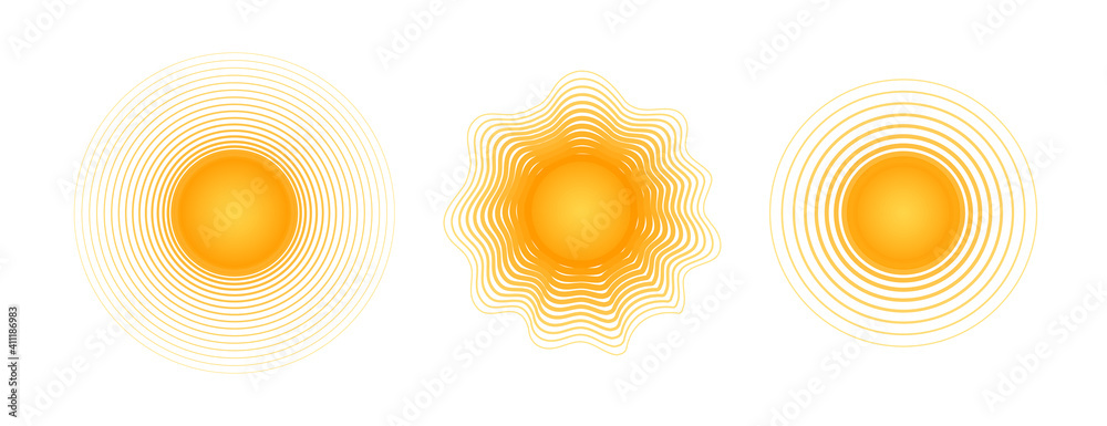 Solar radial pattern Orange abstract banner from lines Sun shape design element with a lines pattern rays Decorative sun icon solar symbol for creative design of summer spring theme Vector solar set