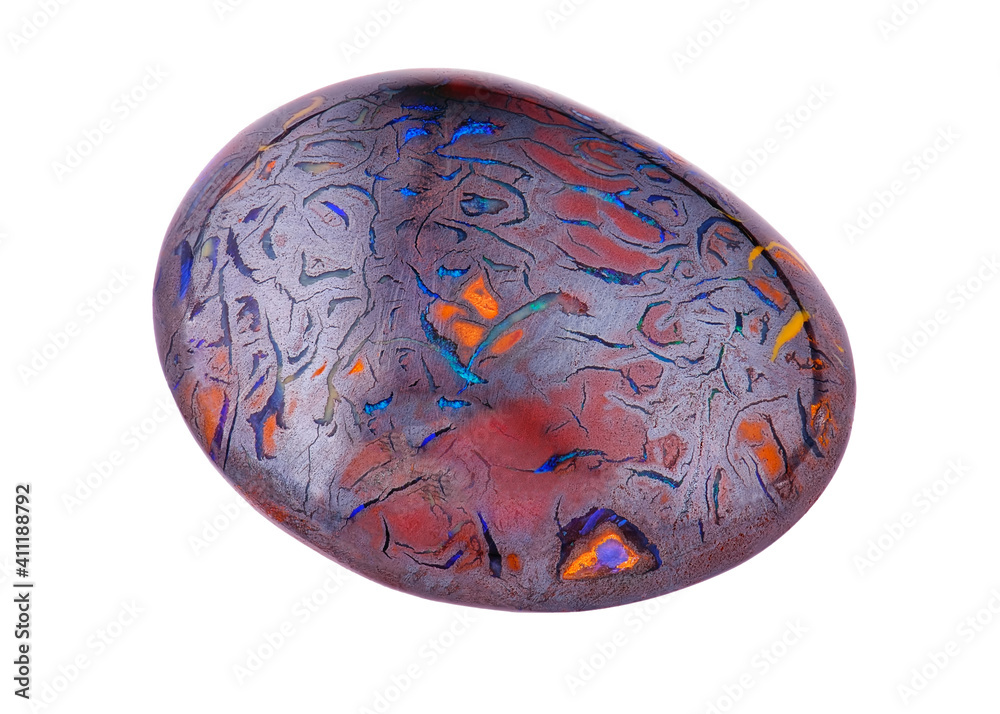 Opal boulder specimen gem stone closeup macro on white background Opal boulder specimen gem stone closeup macro on white background