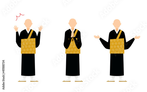 仏教のお坊さんのポーズセット、全身