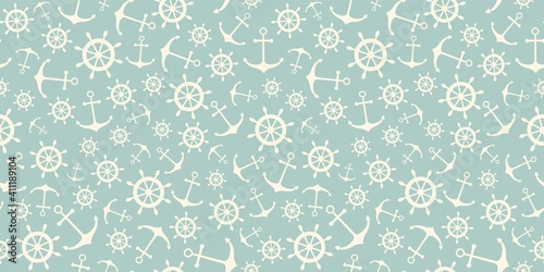 Nautical seamless pattern with ship wheels and anchors