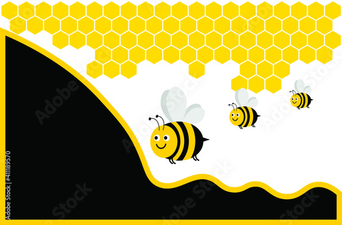 vector poster with honeycombs and bees. flat illustration of a banner with yellow honeycombs at the top.