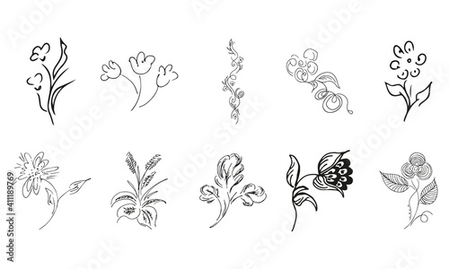 Fototapeta Naklejka Na Ścianę i Meble -  10 hand-drawn blossom wildflowers. Big collection of 10 hand-drawn roses. Big floral botanical set. Isolated on white background. Doodle simple vector collection.