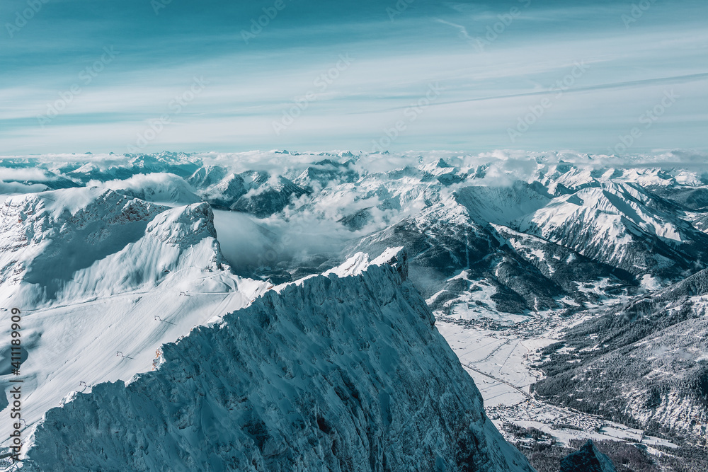 Mountain panorama from the viewing platform on the Zugspitze. German and Austrian ski areas. Mountain panorama from the viewing platform on the Zugspitze. German and Austrian ski areas.