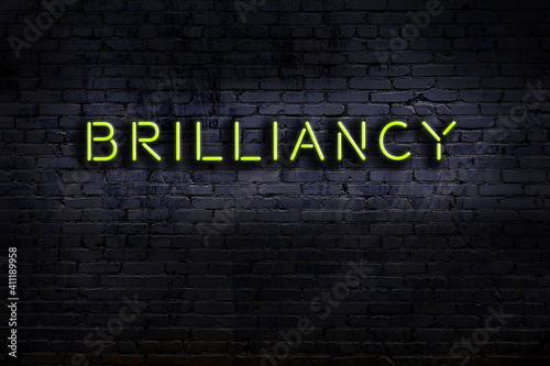 Neon sign. Word brilliancy against brick wall. Night view