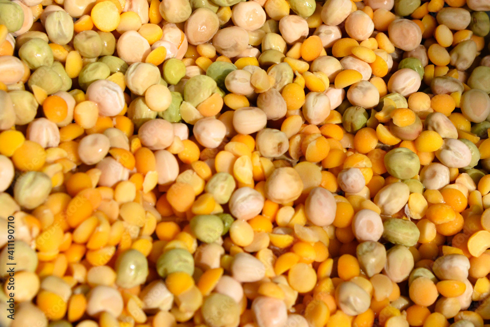 Washed pea fruit (whole, split). Background Washed pea fruit (whole, split). Background