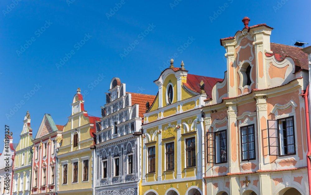 Facades of colorful historic houses in Telc, Czech Republic