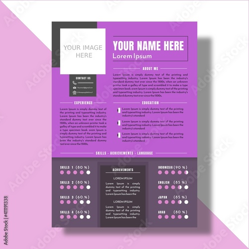 a cv template to apply for jobs. with A4 paper size which is designed simply and various kinds of purple