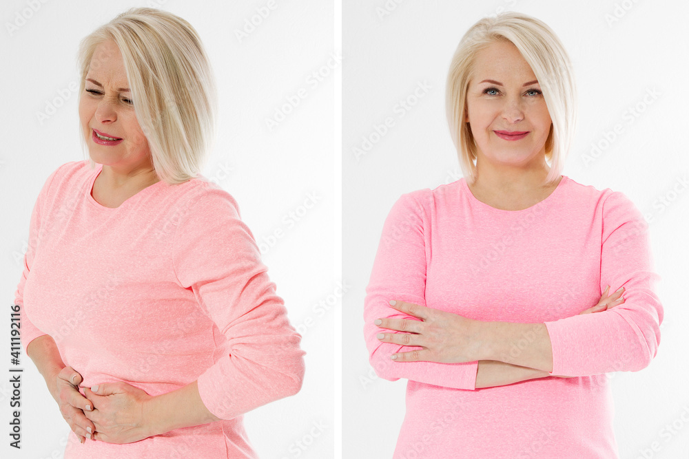 Beforeafter abdominal pain. Middle aged woman with stomach pain