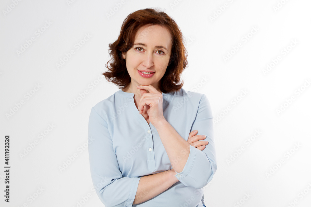Middle aged woman healthy and happy lifestyle after menopause. Beautiful close up portrait mid age brunette woman. female isolated on white background with copy space. Menopausal and healthcare. Middle aged woman healthy and happy lifestyle after menopause. Beautiful close up portrait mid age brunette woman. female isolated on white background with copy space. Menopausal and healthcare.